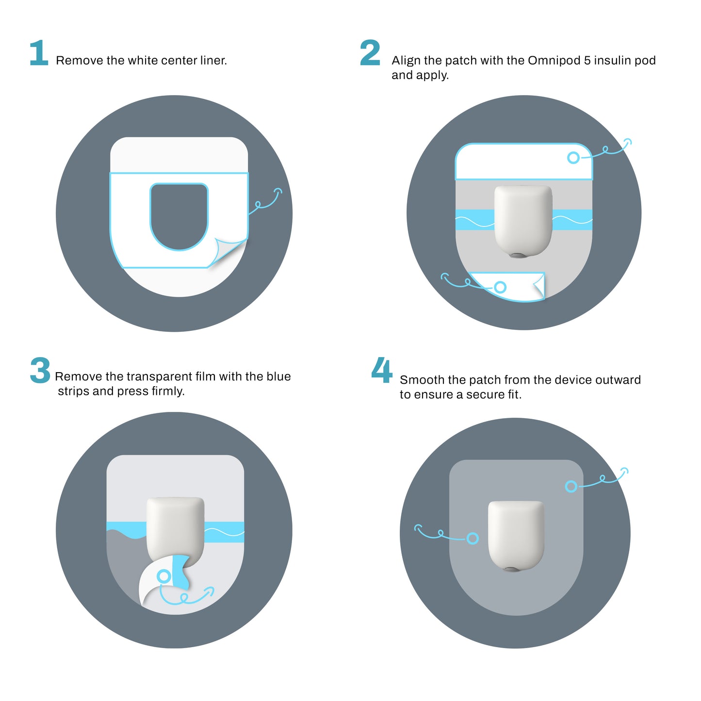 Step-by-step guide on how to apply an insulin patch with illustrations and text.