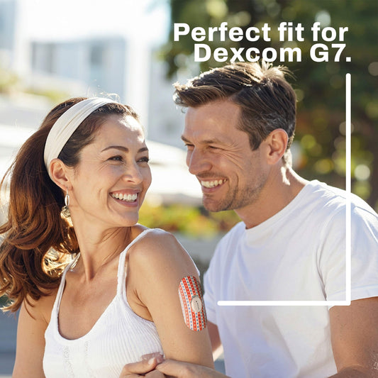 Man and woman outdoors with a Dexcom G7 device on the woman's arm, text 'Perfect fit for Dexcom G7'.