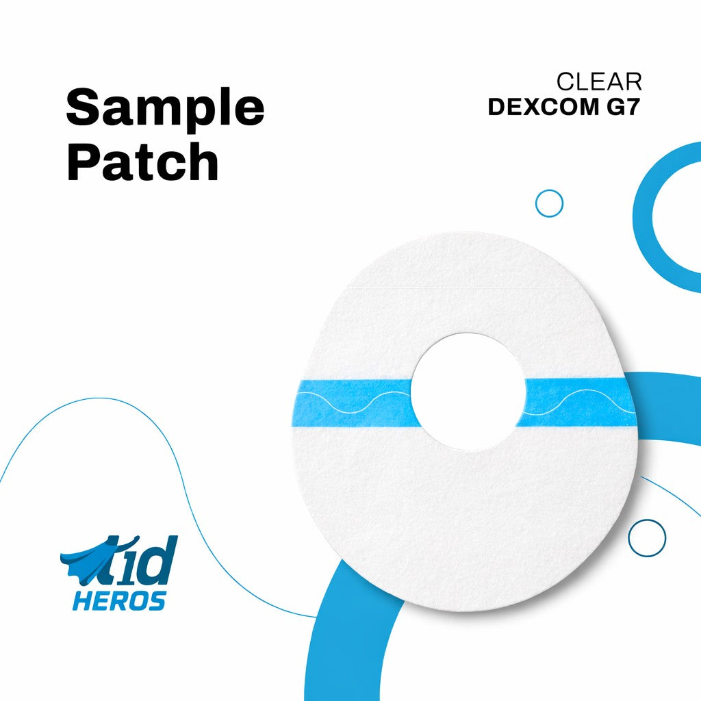 Clear Dexcom G7 sample patch with 1dHEROS branding on a white background