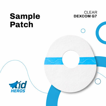 Clear Dexcom G7 sample patch with 1dHEROS branding on a white background