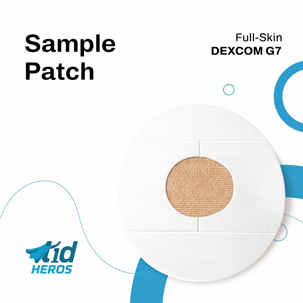  Dexcom G7 sample patch with 'Kid Heroes' branding on a white background