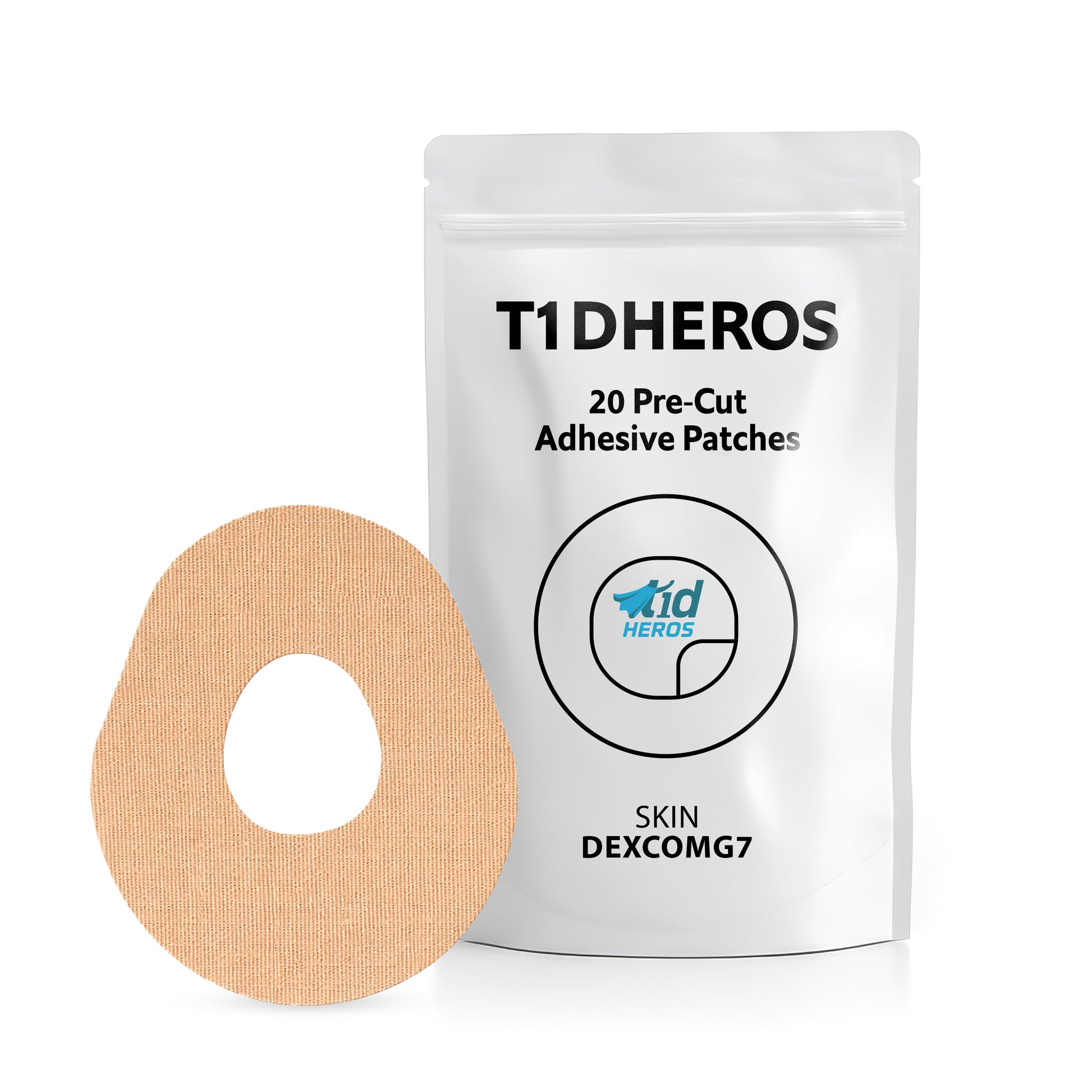 T1DHEROS Dexcom G7 skin adhesive patch packaging with patch displayed