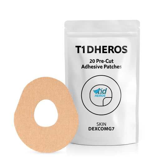 T1DHEROS Dexcom G7 skin adhesive patch packaging with patch displayed