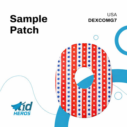 Sample patch with American flag design and 'Kid Heroes' branding on a white background