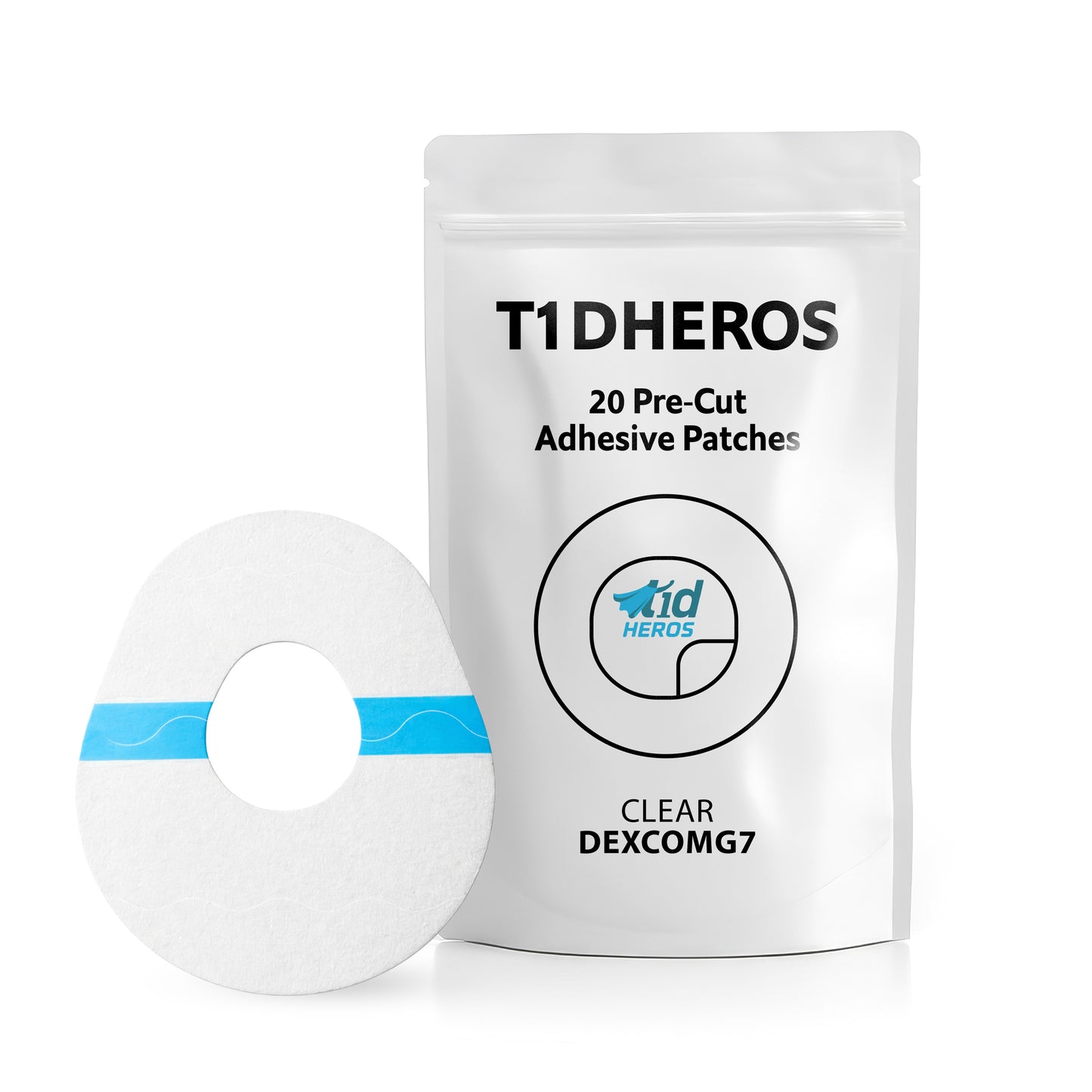 T1DHEROS Dexcom G7 clear adhesive patch packaging with patch displayed