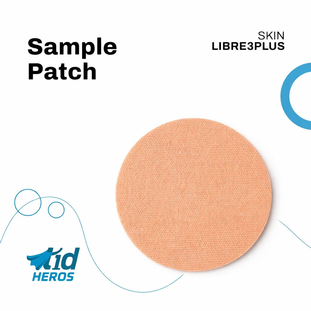 Skin patch labeled 'Sample Patch' with 'SKIN LIBRE3PLUS' text, featuring the Kid Heroes logo on a white background.