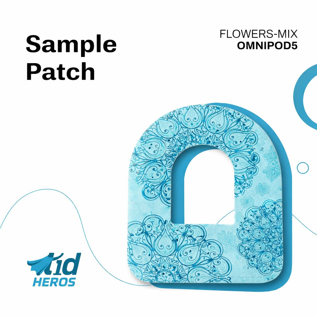 Blue floral-patterned patch with 'Kid Heroes' branding on a white background