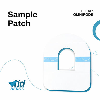 Clear Omnipod5 patch sample with Kid Heroes branding on a white background