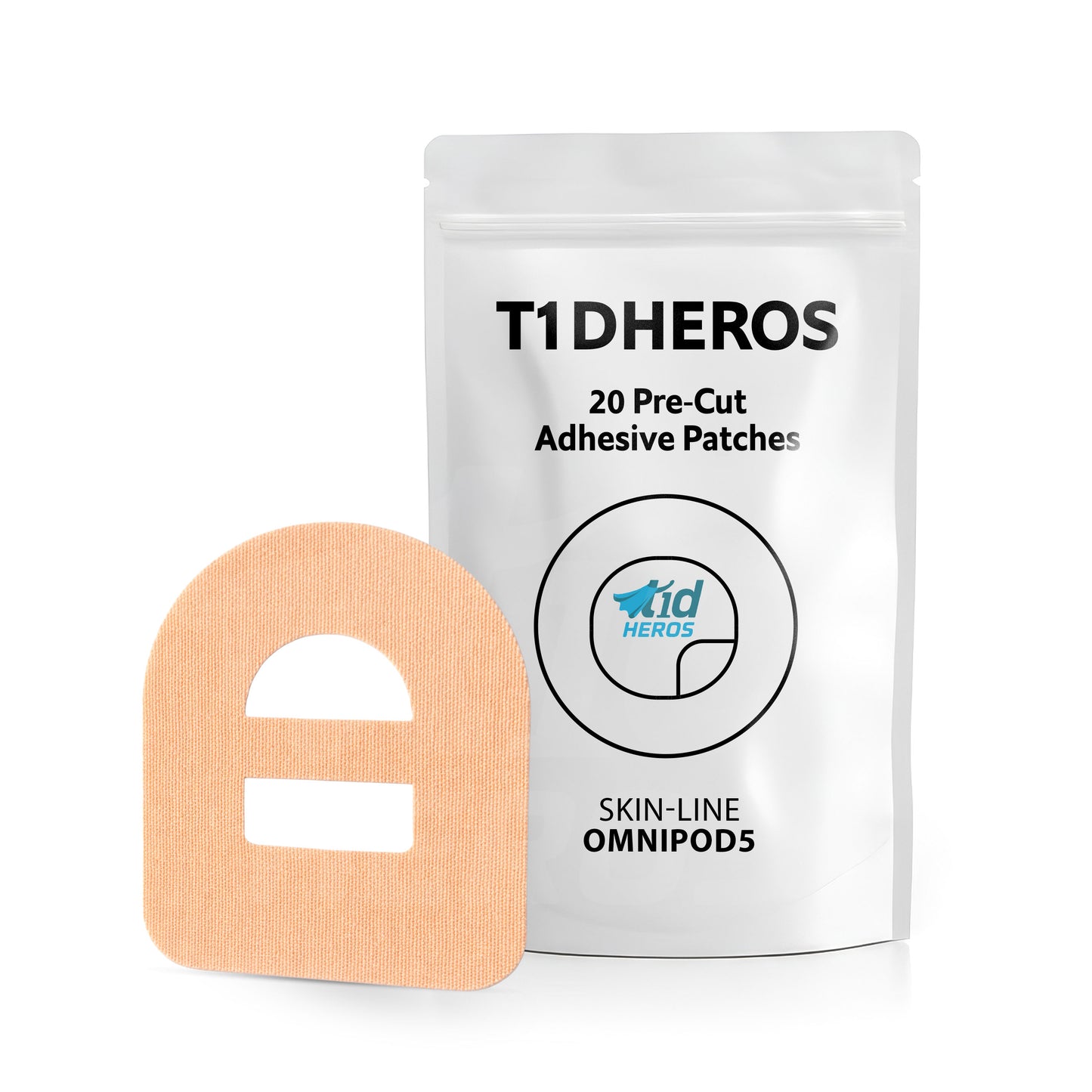 T1DHEROS adhesive patch packaging with a single patch on a white background