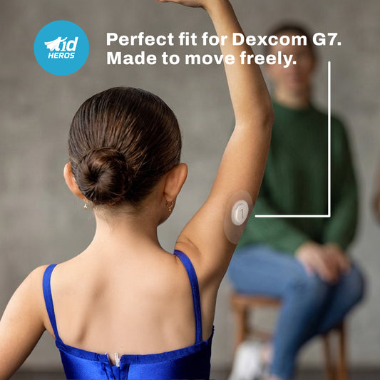 Woman with Dexcom G7 sensor on arm, with TidHEROS branding.