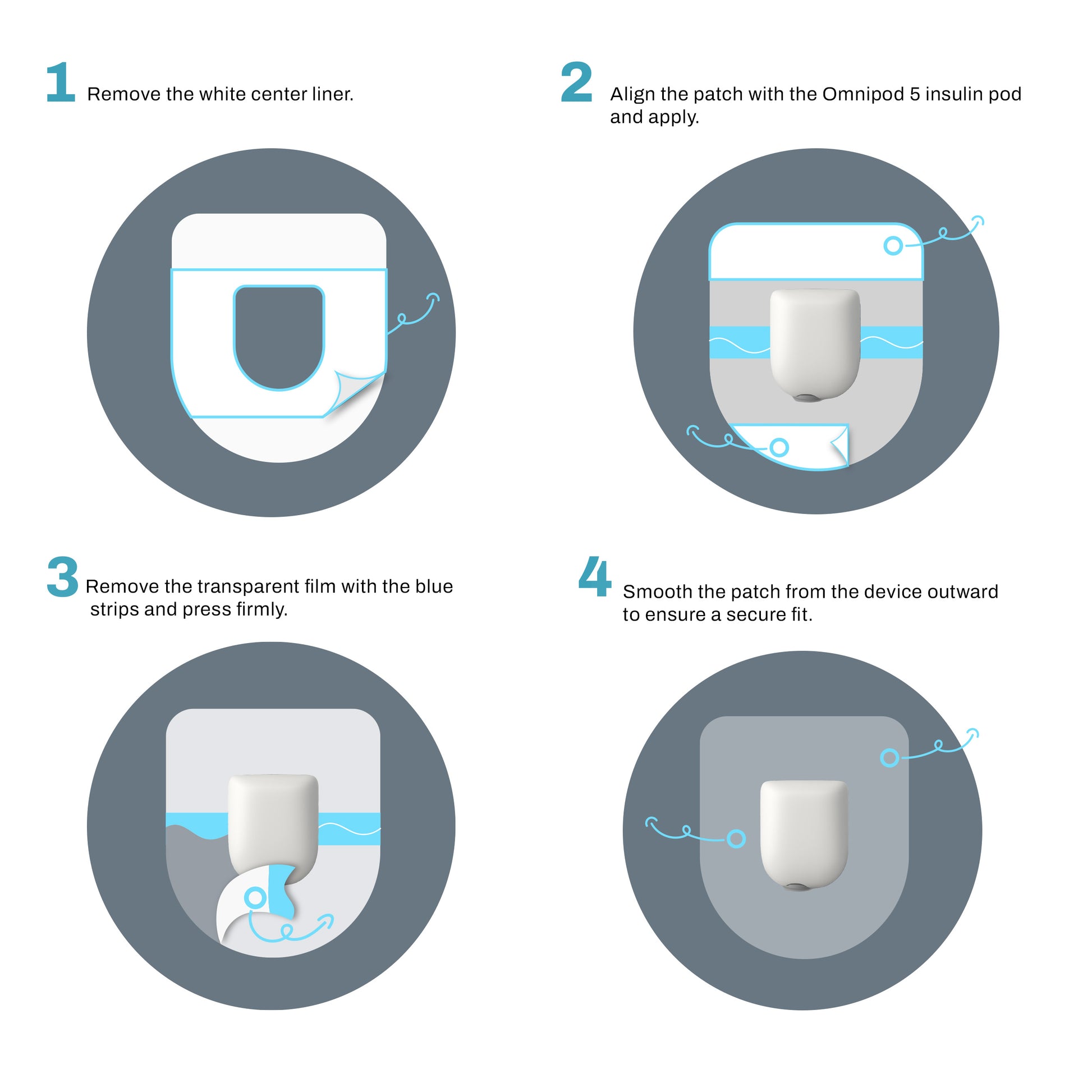 Step-by-step guide on how to apply an insulin patch with illustrations and text.
