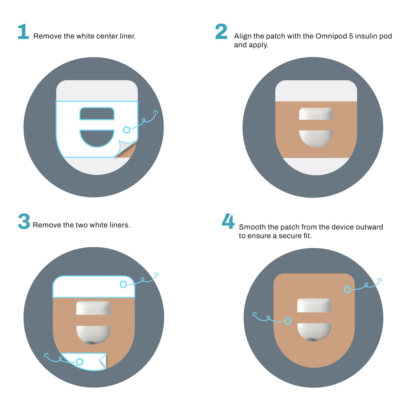 Step-by-step guide for applying an insulin patch with icons and text.