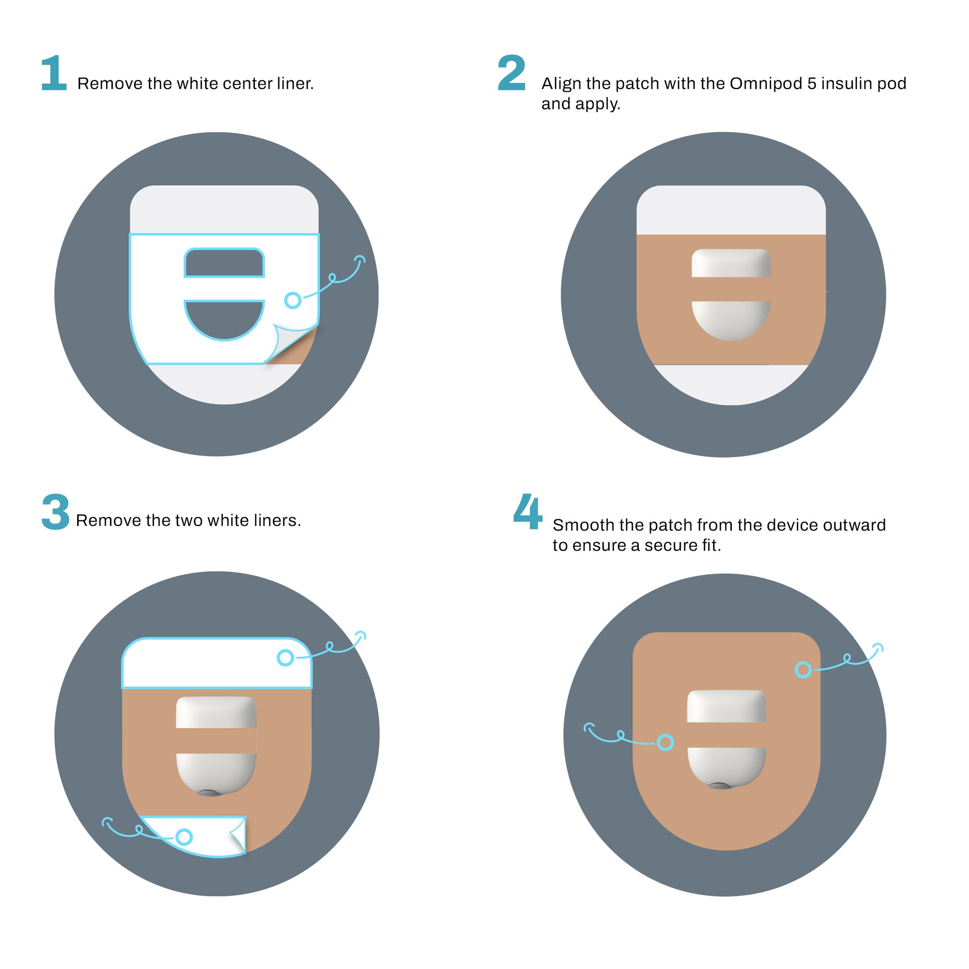 Step-by-step guide for applying an insulin patch with icons and text.