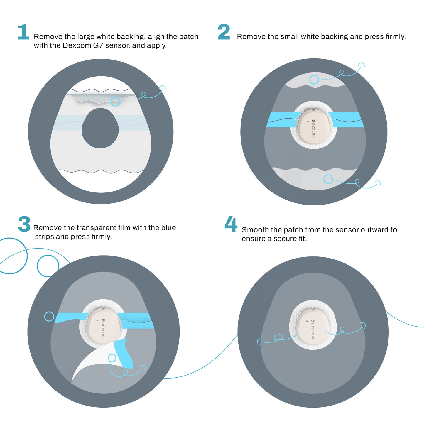 Step-by-step guide on applying a Dexcom G7 sensor patch with illustrations and text.