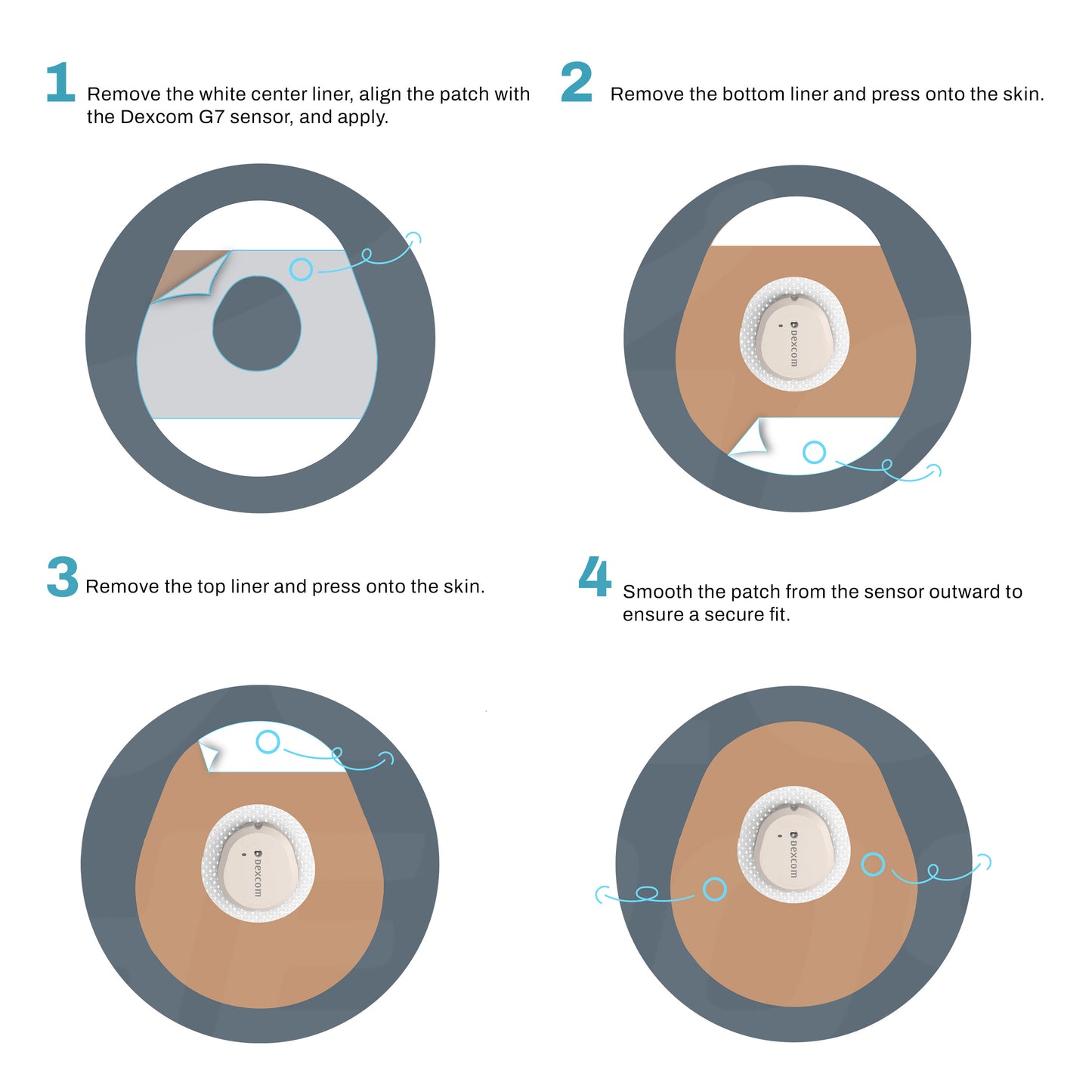 Step-by-step guide for applying a Dexcom G7 sensor patch with illustrations and text.