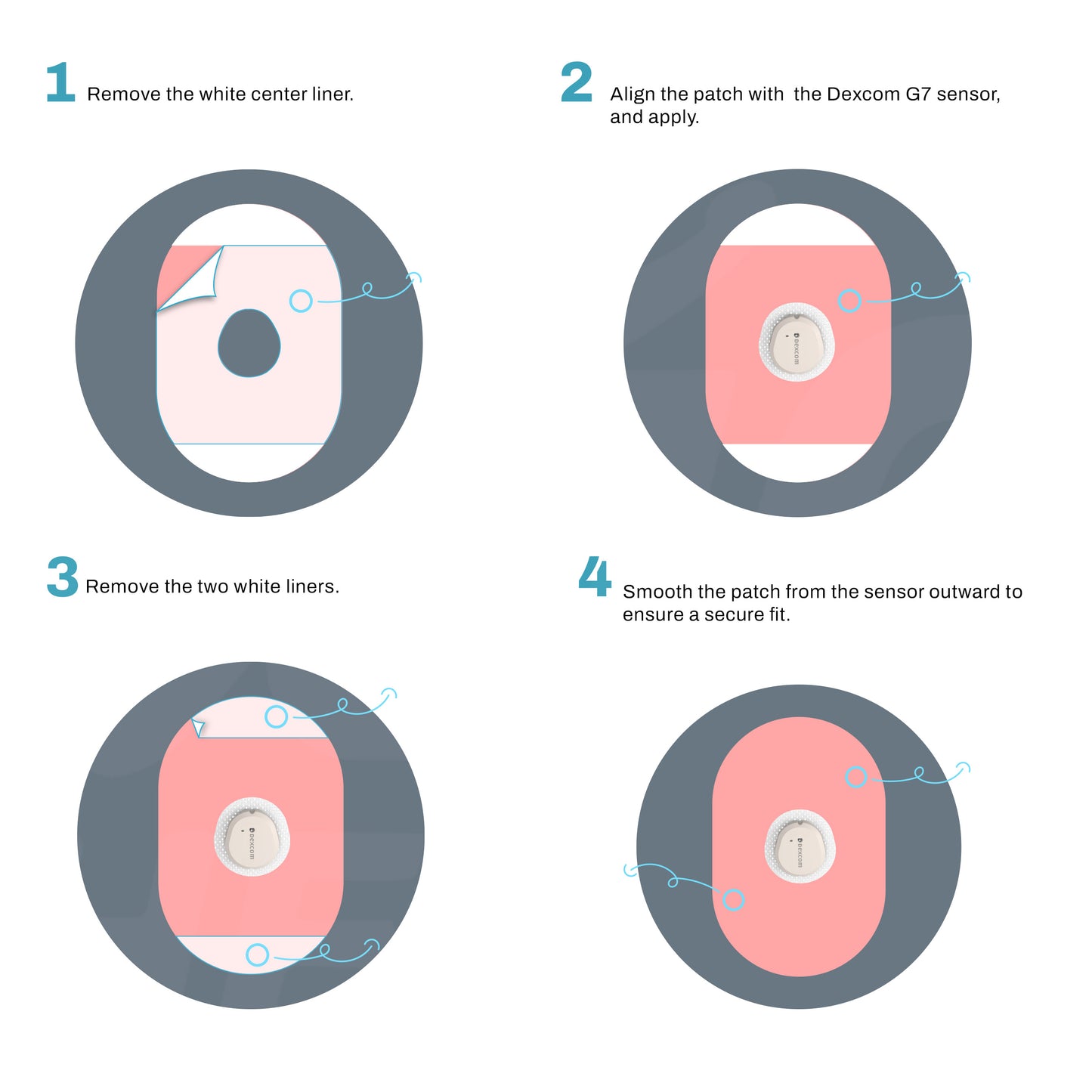 Step-by-step instructions for applying a Dexcom G7 sensor patch with illustrations and text.