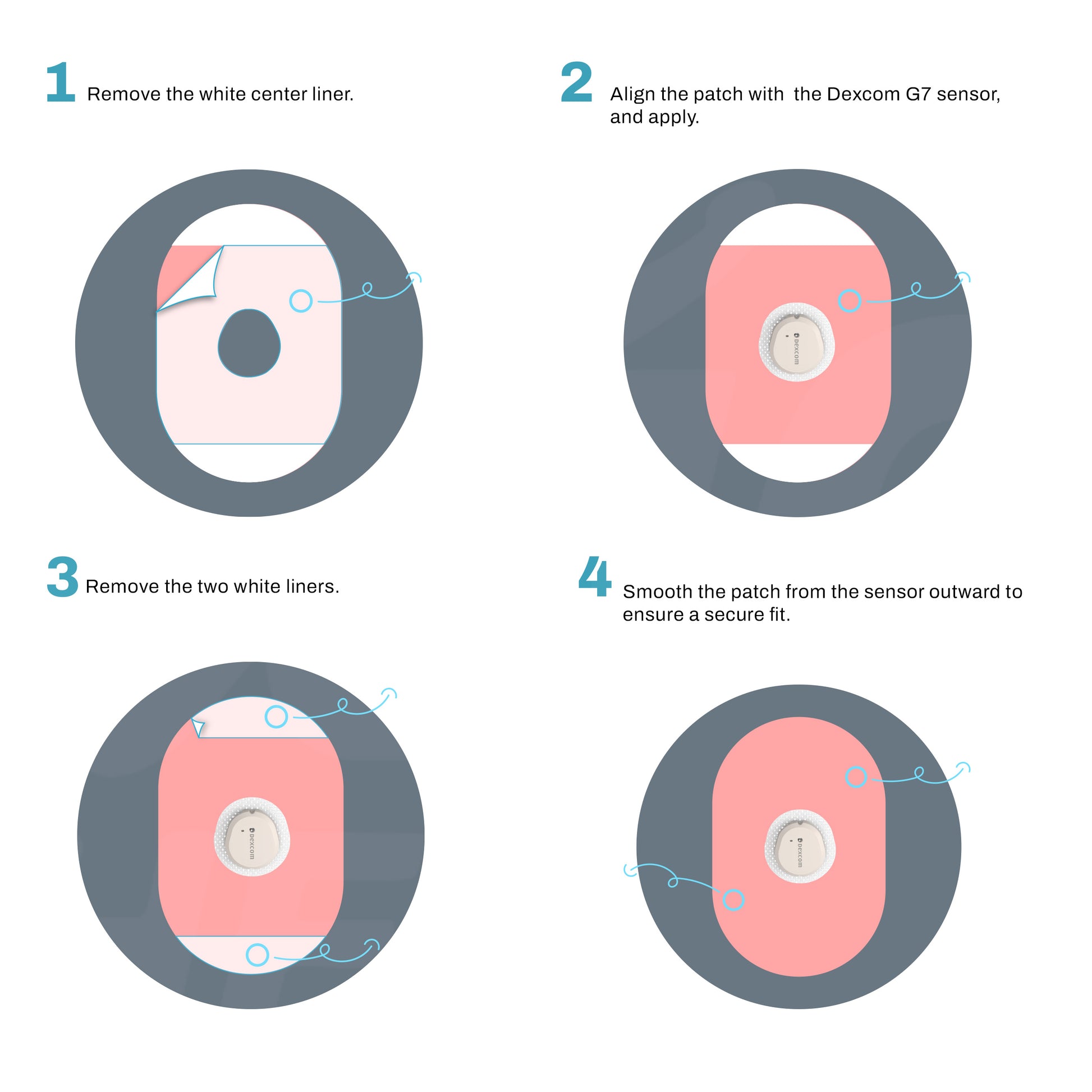 Step-by-step instructions for applying a Dexcom G7 sensor patch with illustrations and text.