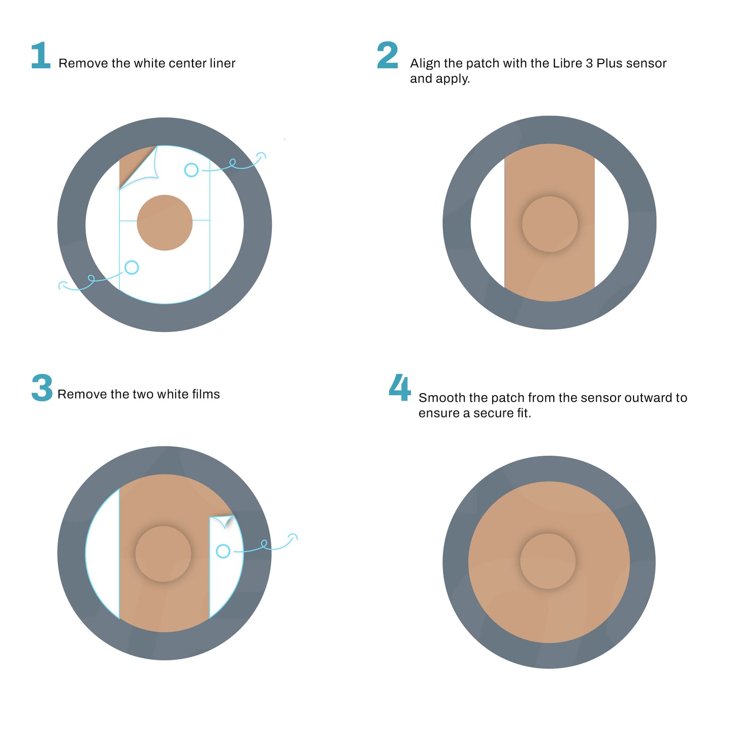 Step-by-step guide on applying a patch with Libre 3 Plus sensor alignment.