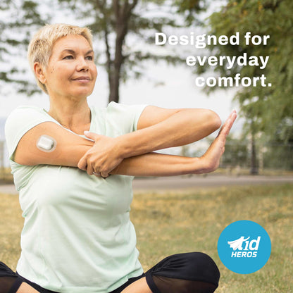 Woman stretching outdoors with 'TidHEROS' branding and text 'Designed for everyday comfort'.
