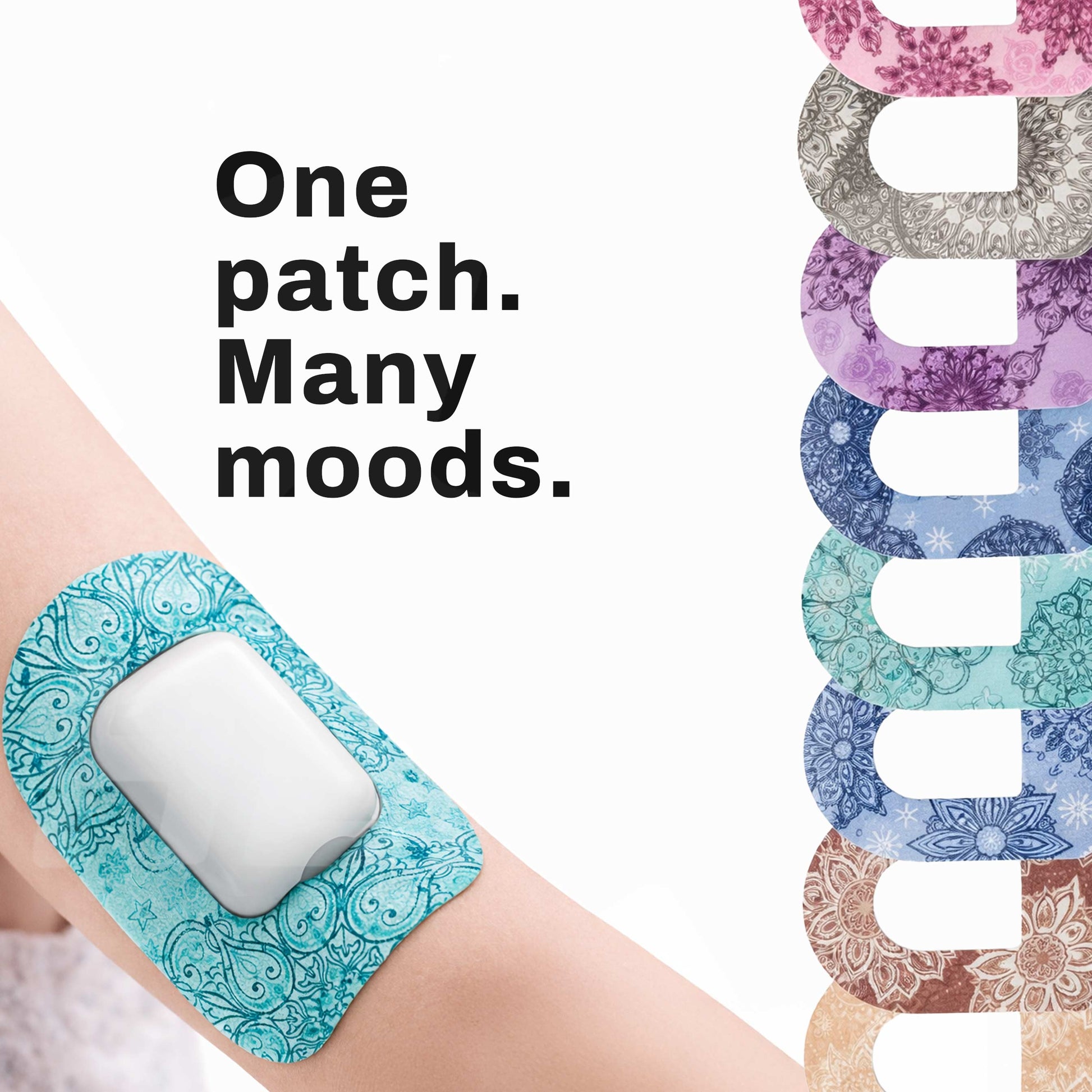 Colorful mood patch on arm with text 'One patch. Many moods.' and additional patches displayed.