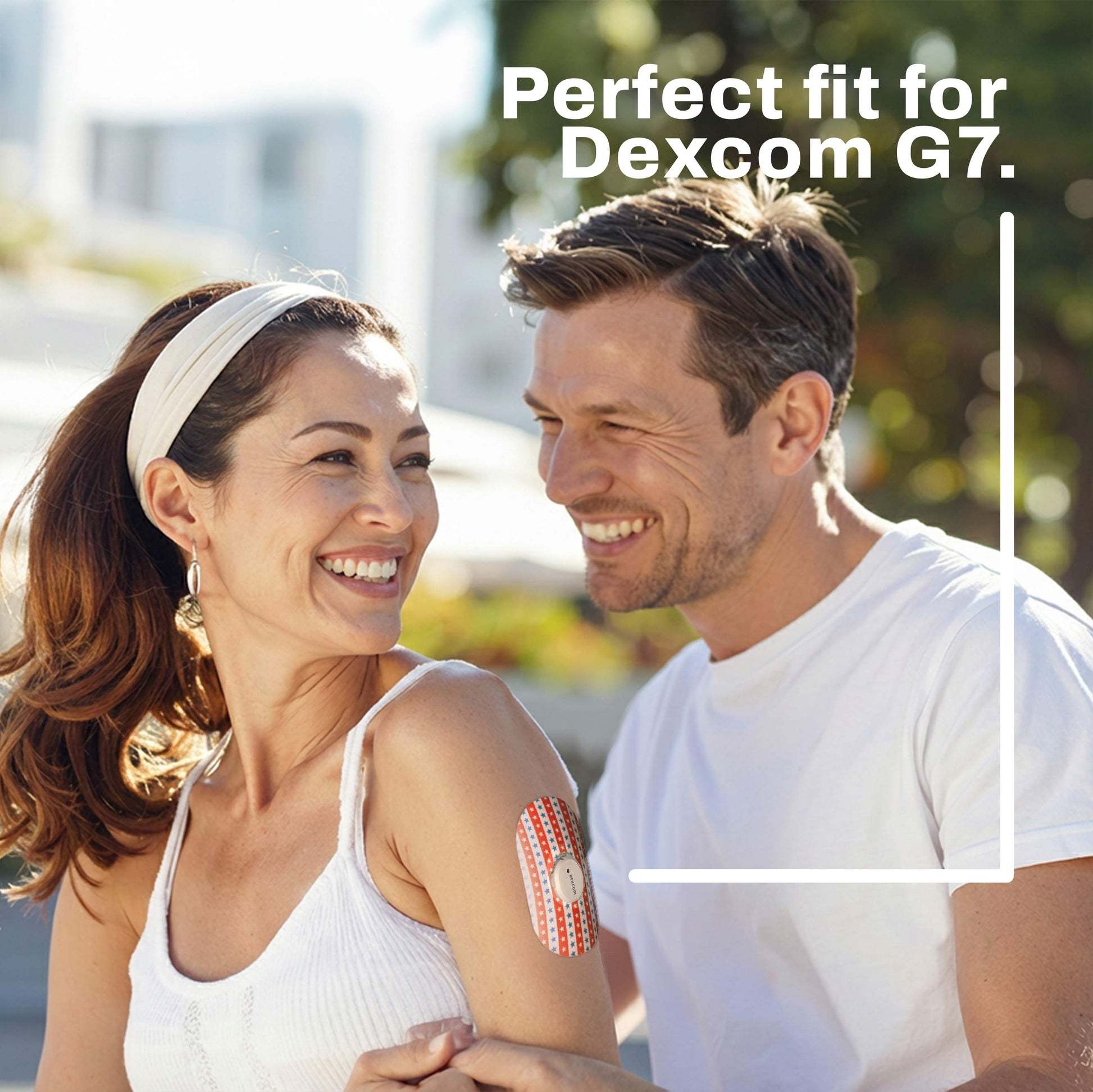 Man and woman outdoors with a Dexcom G7 device on the woman's arm, text 'Perfect fit for Dexcom G7'.