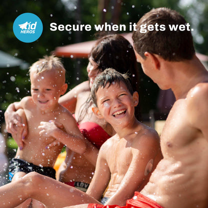 Children playing in a pool with a HEROs product, text 'Secure when it gets wet'.
