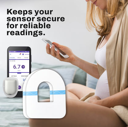 Woman using a smartphone with an app on a screen, next to a device labeled 'Keeps your sensor secure for reliable readings'.