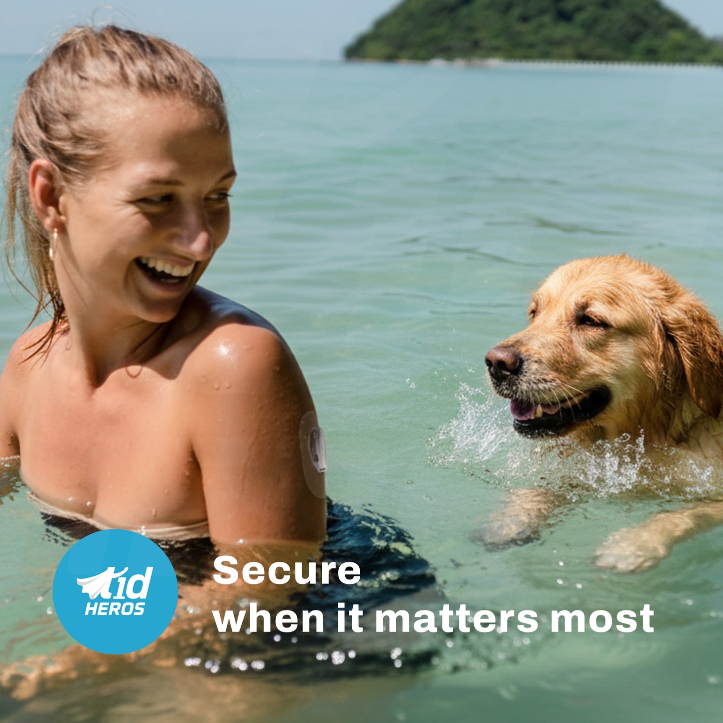 Woman and dog swimming in clear water with a T1dHEROs logo and text overlay.