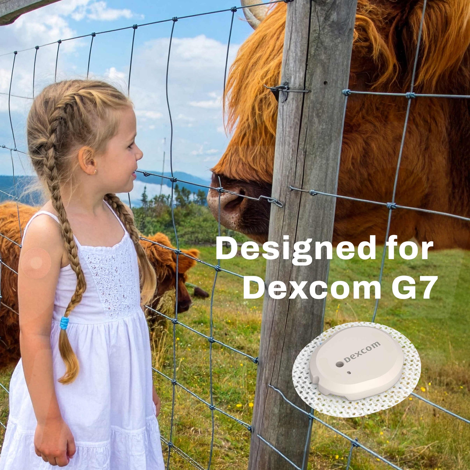 Child in a white dress looking at a cow through a fence with 'Designed for Dexcom G7' text and Dexcom device inset.