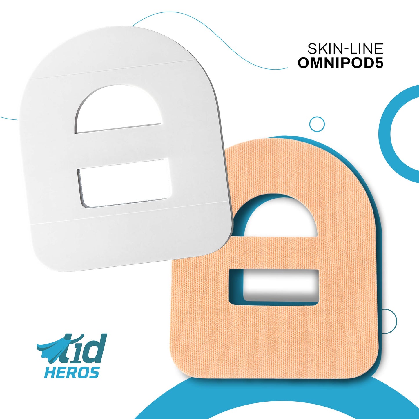 Skin-line Omnipod5 device with t1dHeros branding on a white background